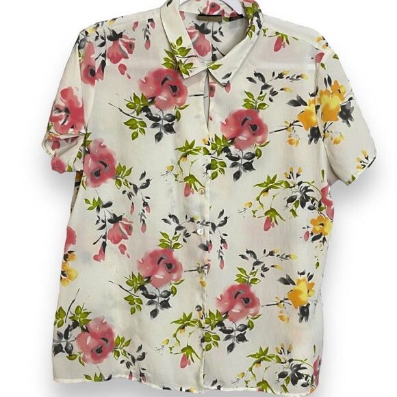 Laura Scott Button Up Blouse Women's 16 Multicolor Floral Print Top Lightweight - Picture 3 of 9